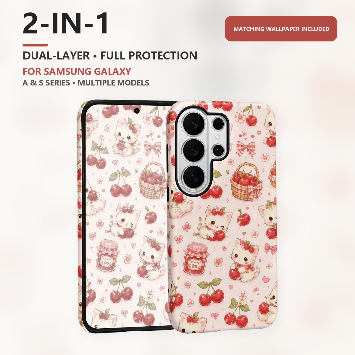 Samsung Galaxy S24 - Cute Kitten Cherry Pattern 2-in-1 Dual-Layer